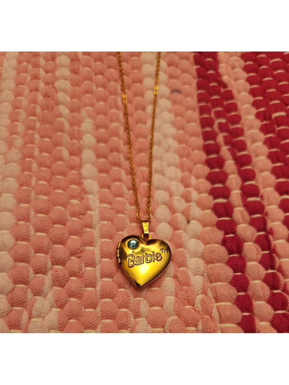 1998 Mattel Barbie Gold-Tone Heart Locket Necklace With Blue Gem Collectible